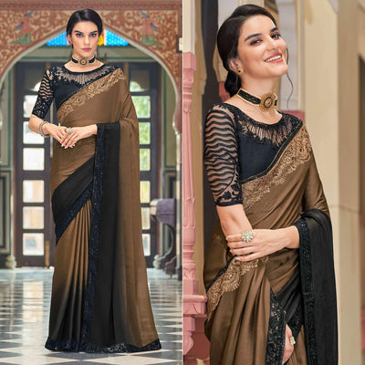 Brown-Black Floral Sequins Embroidered Art Silk Saree