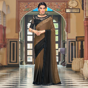 Brown-Black Floral Sequins Embroidered Art Silk Saree