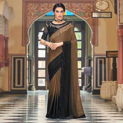 Brown-Black Floral Sequins Embroidered Art Silk Saree