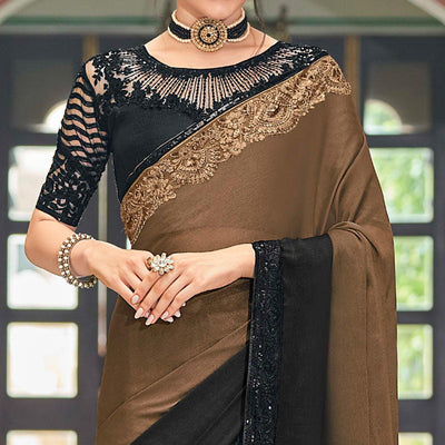 Brown-Black Floral Sequins Embroidered Art Silk Saree