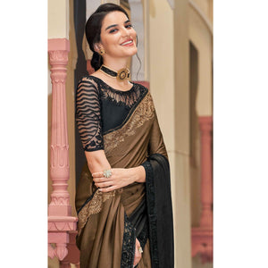 Brown-Black Floral Sequins Embroidered Art Silk Saree