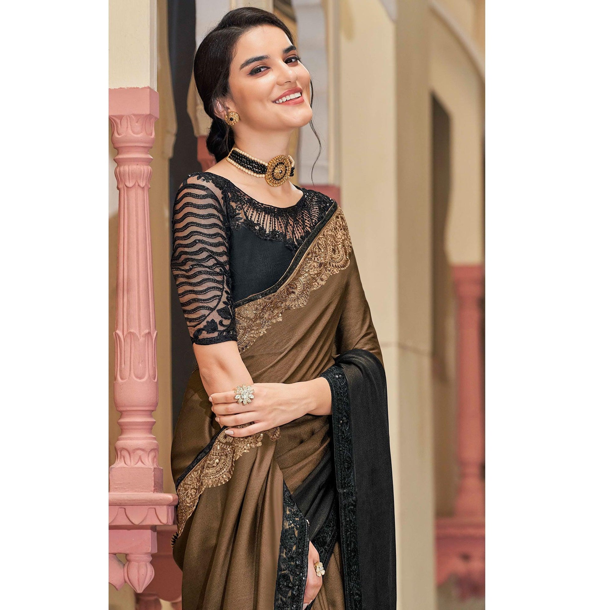 Brown-Black Floral Sequins Embroidered Art Silk Saree