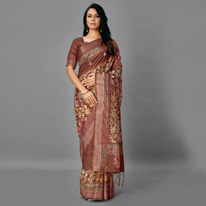 Brown Casual Art Silk Printed Saree With Unstitched Blouse