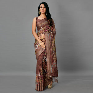 Brown Casual Art Silk Printed Saree With Unstitched Blouse