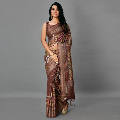 Brown Casual Art Silk Printed Saree With Unstitched Blouse