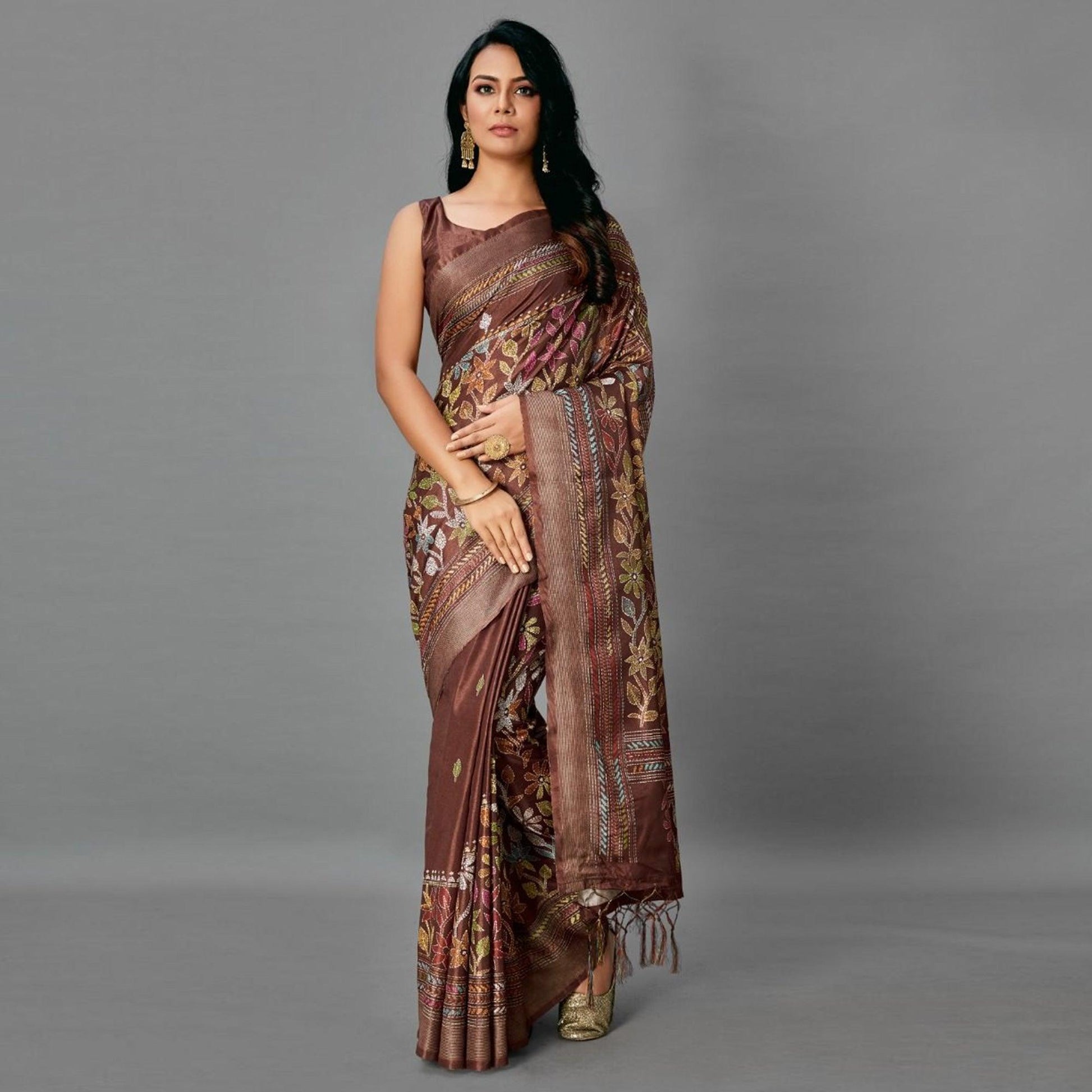 Brown Casual Art Silk Printed Saree With Unstitched Blouse