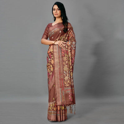 Brown Casual Art Silk Printed Saree With Unstitched Blouse