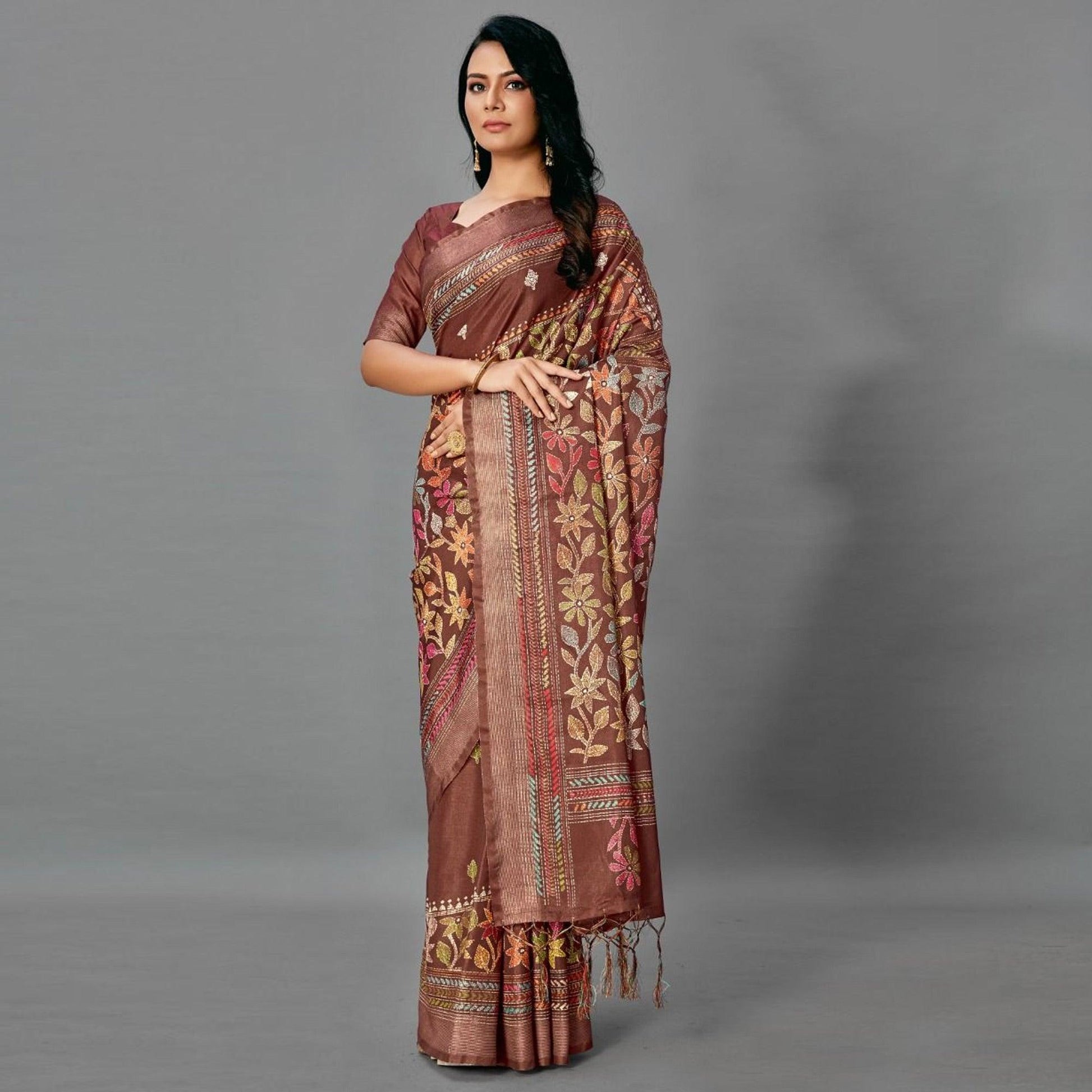 Brown Casual Art Silk Printed Saree With Unstitched Blouse