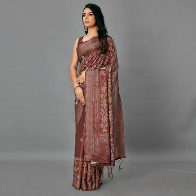 Brown Casual Art Silk Printed Saree With Unstitched Blouse