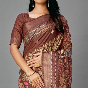 Brown Casual Art Silk Printed Saree With Unstitched Blouse