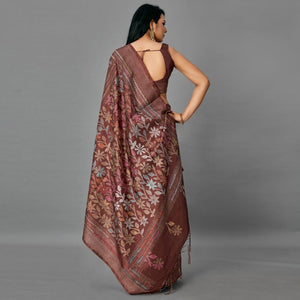 Brown Casual Art Silk Printed Saree With Unstitched Blouse