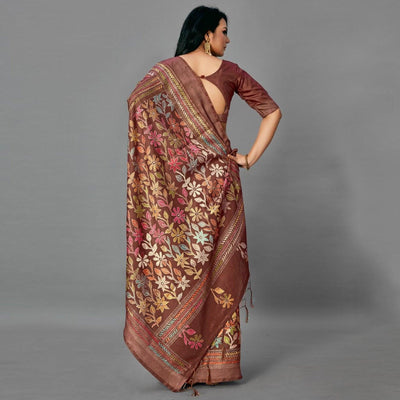 Brown Casual Art Silk Printed Saree With Unstitched Blouse