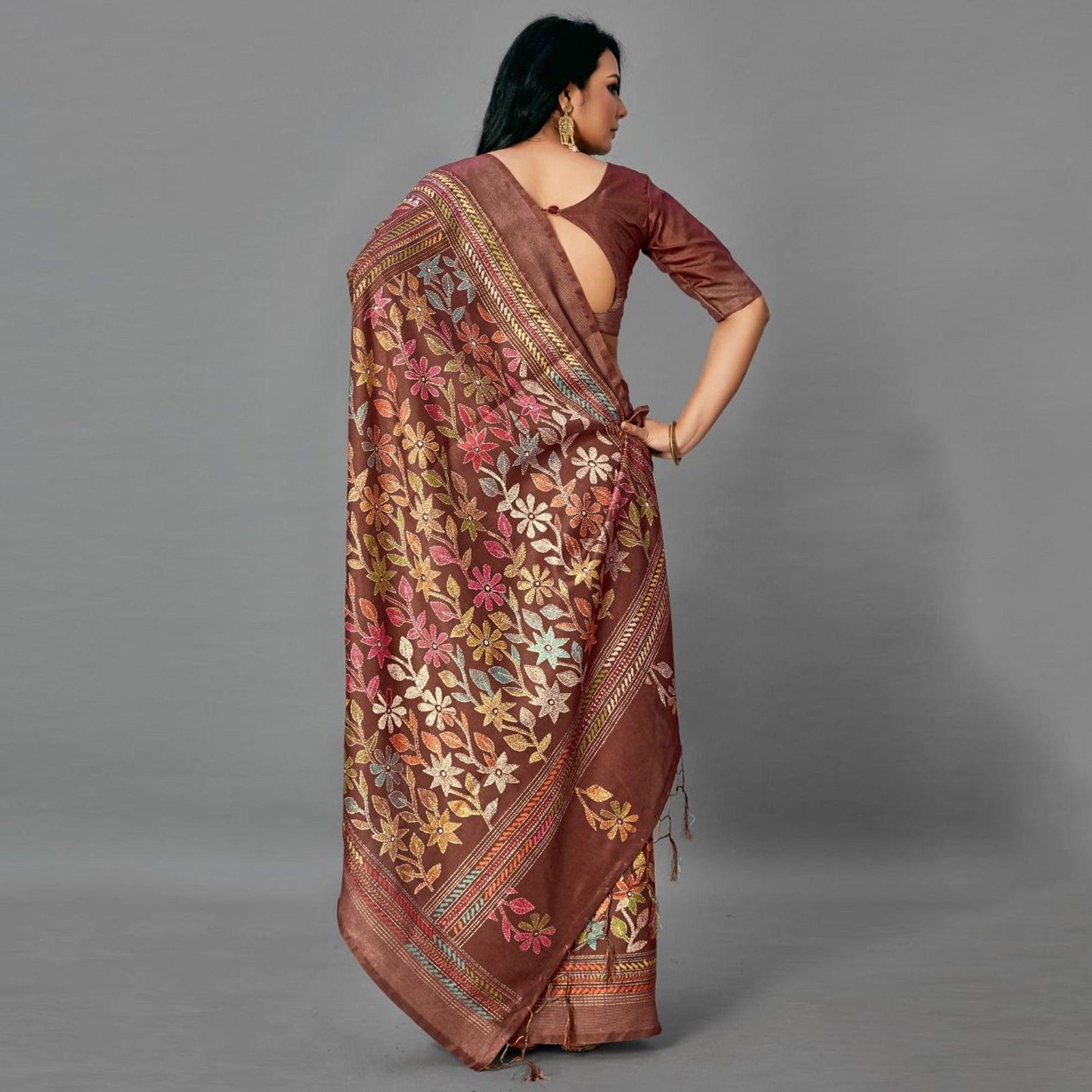 Brown Casual Art Silk Printed Saree With Unstitched Blouse