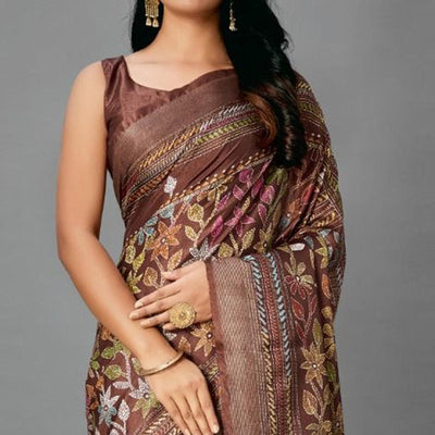 Brown Casual Art Silk Printed Saree With Unstitched Blouse