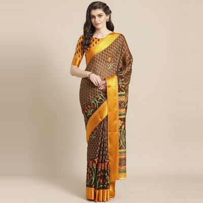 Brown Casual Brasso Printed Saree With Unstitched Blouse