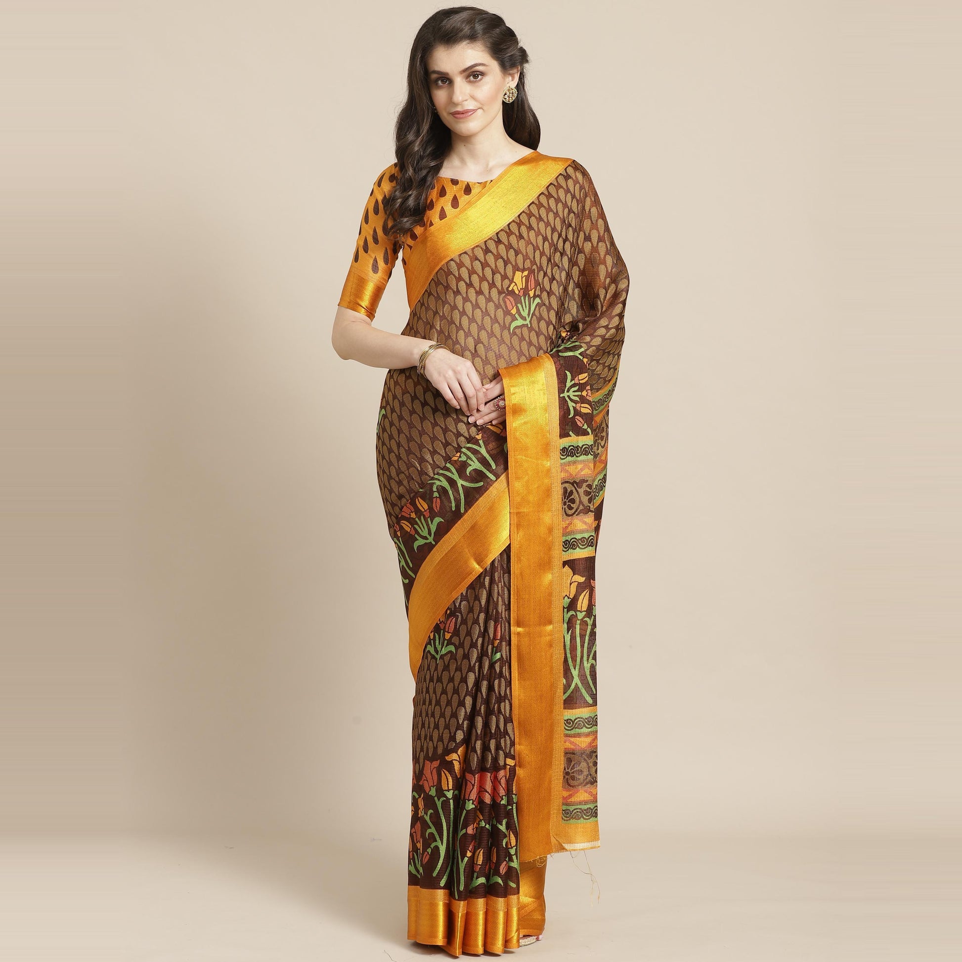 Brown Casual Brasso Printed Saree With Unstitched Blouse
