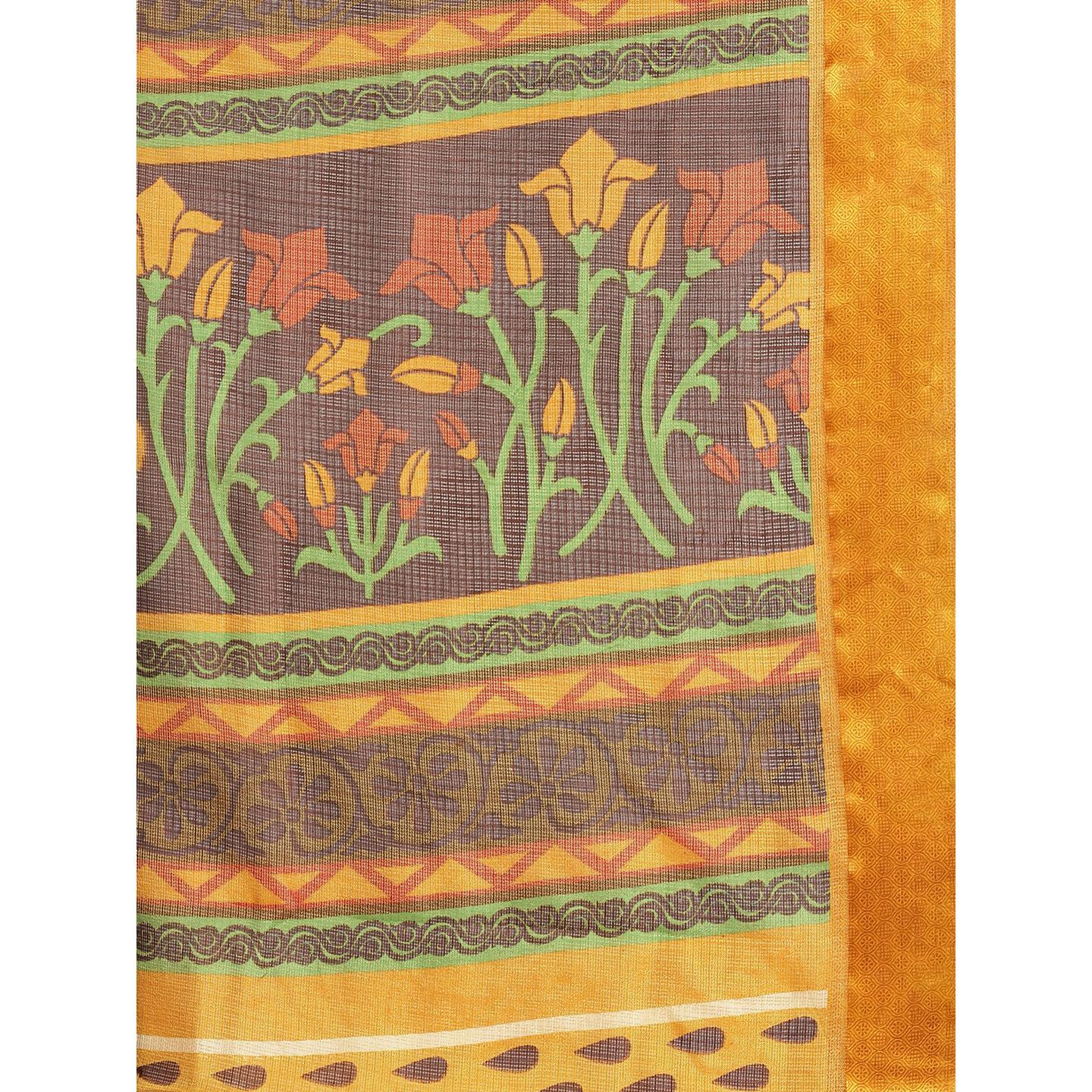 Brown Casual Brasso Printed Saree With Unstitched Blouse