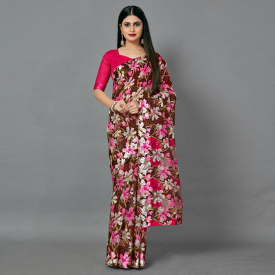 Brown Casual Linen Printed Saree With Unstitched Blouse