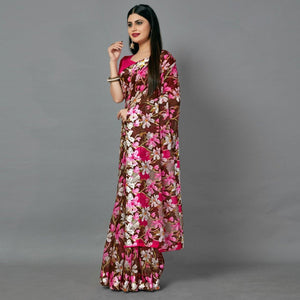 Brown Casual Linen Printed Saree With Unstitched Blouse