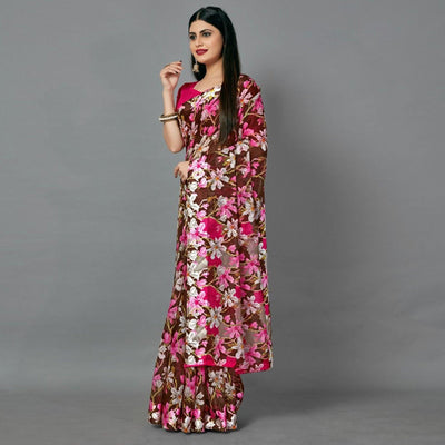 Brown Casual Linen Printed Saree With Unstitched Blouse