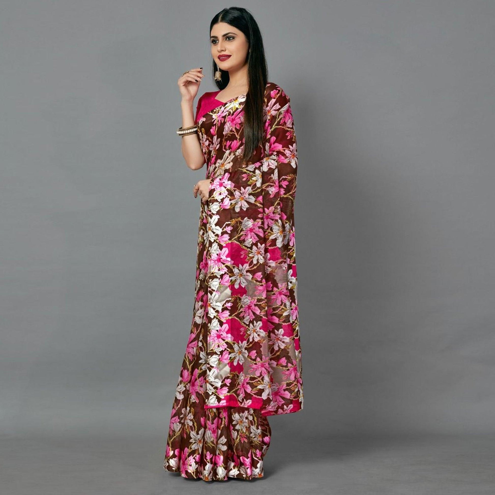 Brown Casual Linen Printed Saree With Unstitched Blouse