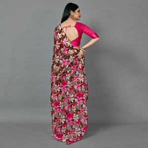Brown Casual Linen Printed Saree With Unstitched Blouse