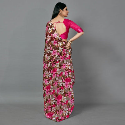 Brown Casual Linen Printed Saree With Unstitched Blouse