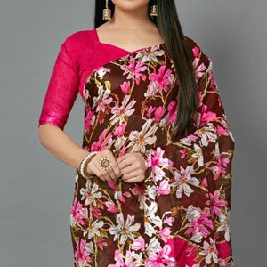 Brown Casual Linen Printed Saree With Unstitched Blouse