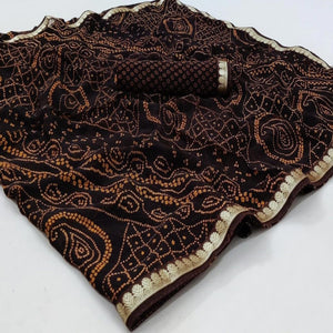 Brown Casual Wear Bandhani Printed Georgette Saree With Fancy Lace