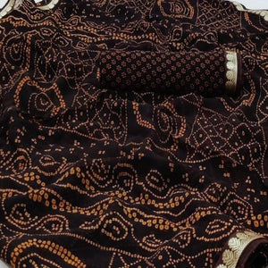 Brown Casual Wear Bandhani Printed Georgette Saree With Fancy Lace