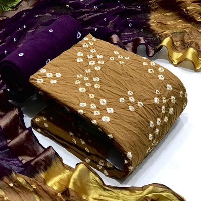 Brown Casual Wear Bandhani Printed Pure Cotton Dress Material