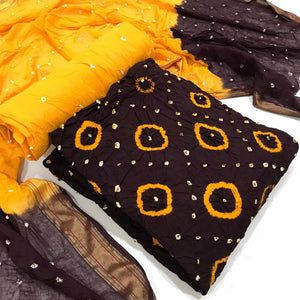 Brown Casual Wear Bandhani Printed Pure Cotton Dress Material