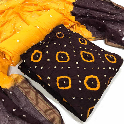 Brown Casual Wear Bandhani Printed Pure Cotton Dress Material