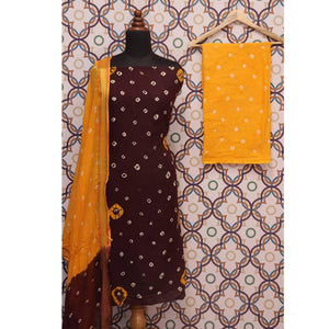 Brown Casual Wear Bandhej And Woven Pure Cotton Dress Material