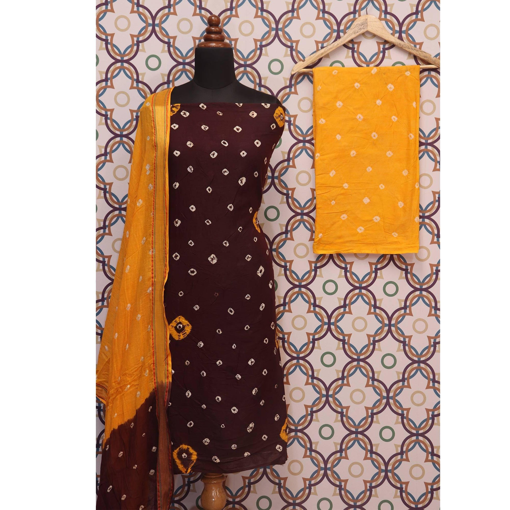 Brown Casual Wear Bandhej And Woven Pure Cotton Dress Material