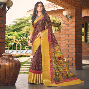 Brown Casual Wear Bandhej Printed Kalamkari Silk Saree