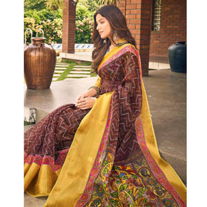 Brown Casual Wear Bandhej Printed Kalamkari Silk Saree