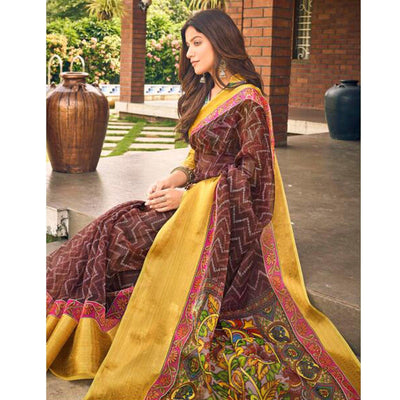 Brown Casual Wear Bandhej Printed Kalamkari Silk Saree