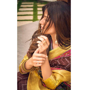 Brown Casual Wear Bandhej Printed Kalamkari Silk Saree