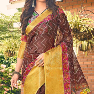 Brown Casual Wear Bandhej Printed Kalamkari Silk Saree