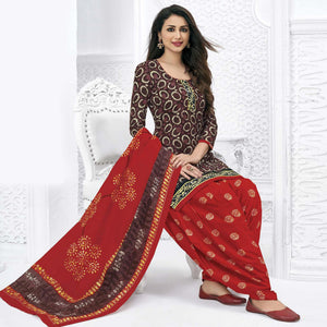 Brown Casual Wear Batik Printed Cotton Patiala Dress Material