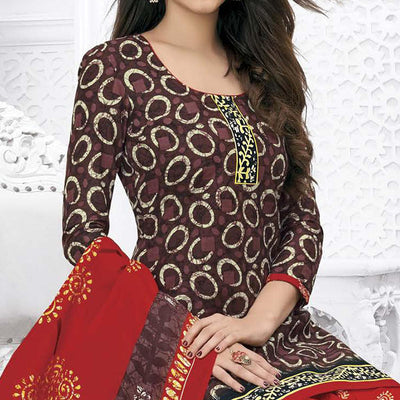 Brown Casual Wear Batik Printed Cotton Patiala Dress Material