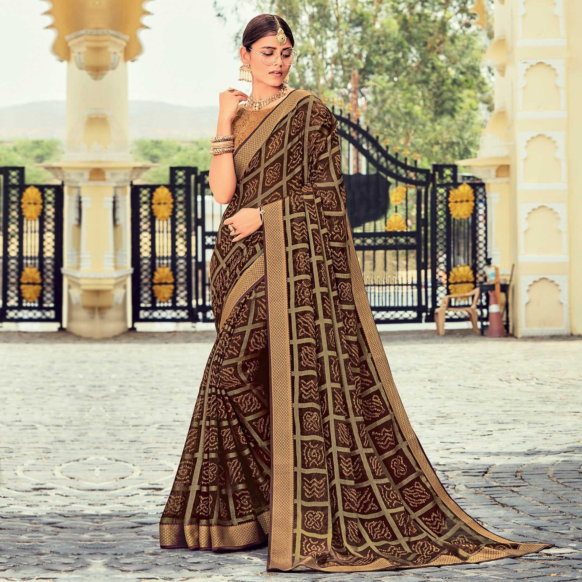 Brown Casual Wear Checks Printed Brasso Saree