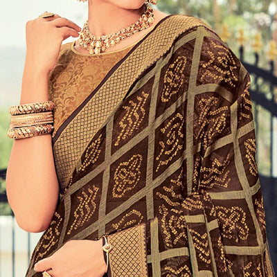 Brown Casual Wear Checks Printed Brasso Saree