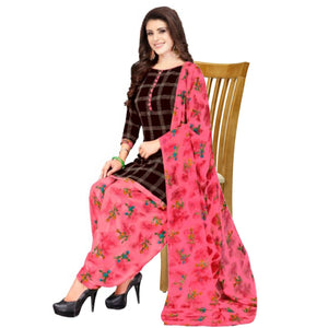 Brown Casual Wear Checks Printed Leon Patiala Dress Material