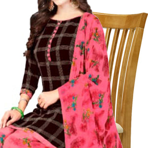 Brown Casual Wear Checks Printed Leon Patiala Dress Material