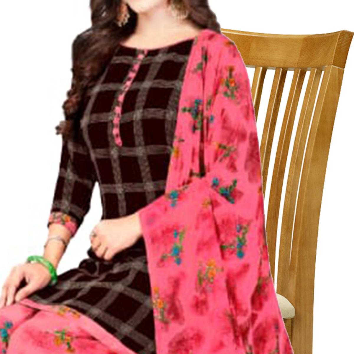 Brown Casual Wear Checks Printed Leon Patiala Dress Material