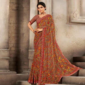 Brown Casual Wear Designer Floral Printed Georgette Saree With Jacquard Lace