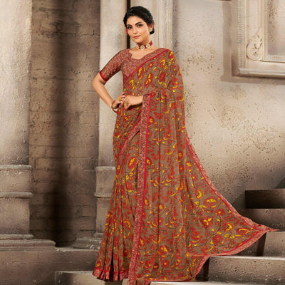 Brown Casual Wear Designer Floral Printed Georgette Saree With Jacquard Lace