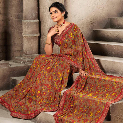 Brown Casual Wear Designer Floral Printed Georgette Saree With Jacquard Lace